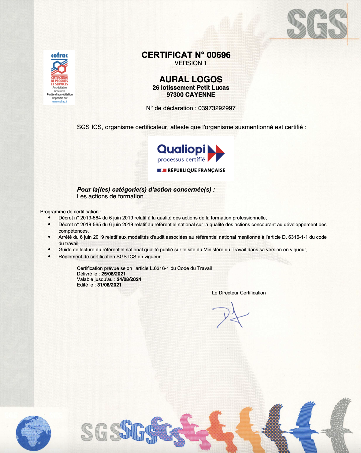 AURAL LOGOS - Certificat QUALIOPI